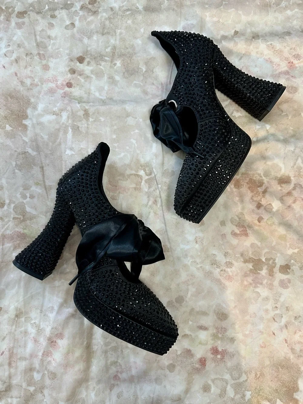 Dolls Kill Widow Black Crystal Platform Lace-Up Heels with Satin Bow